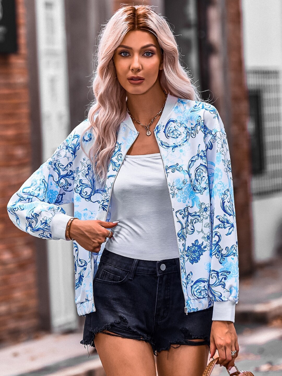 

StyleCast Navy Blue Floral Printed Mandarin Collar Bomber Jacket