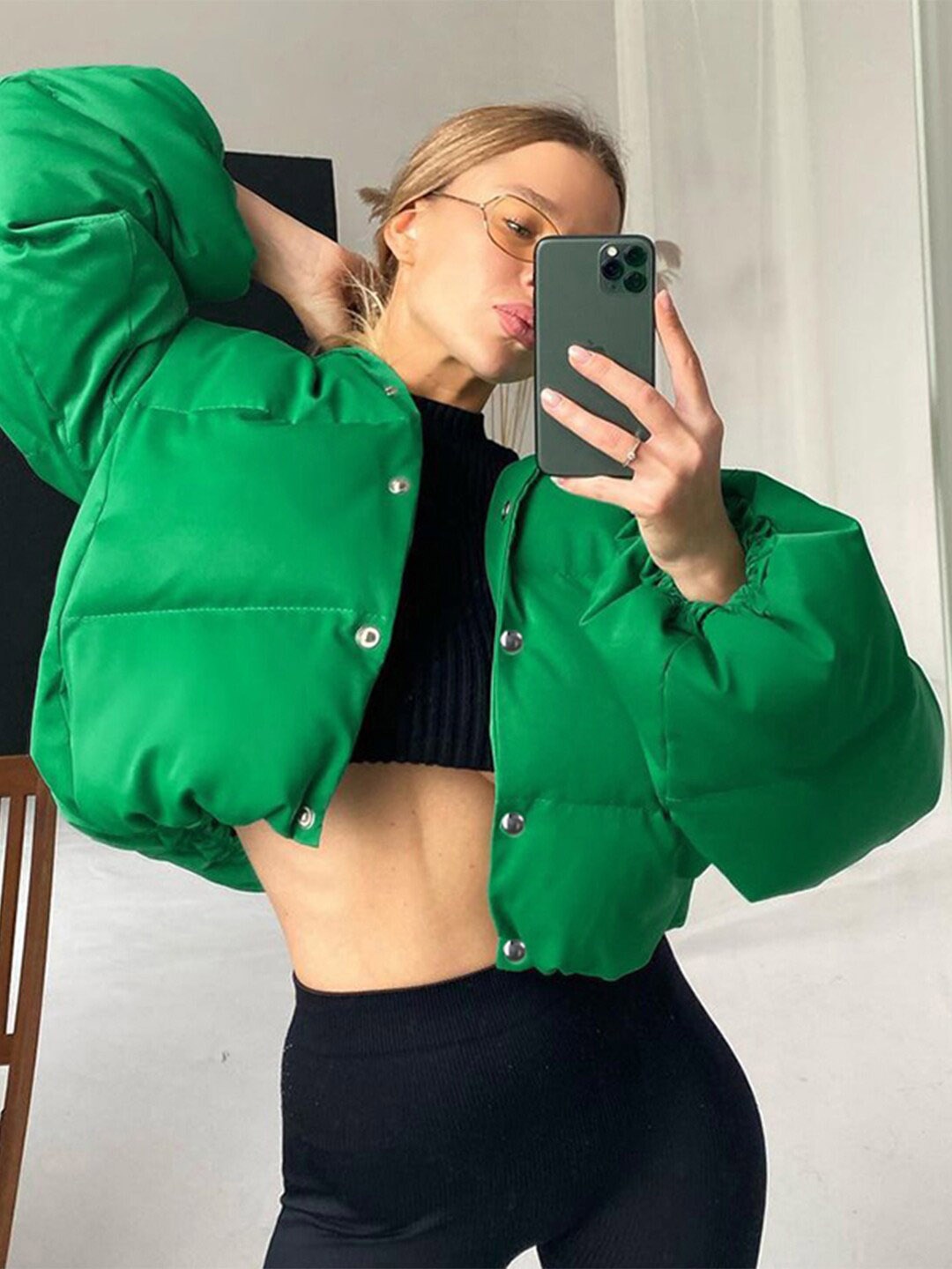 

StyleCast Green Stand Collar Crop Quilted Jacket