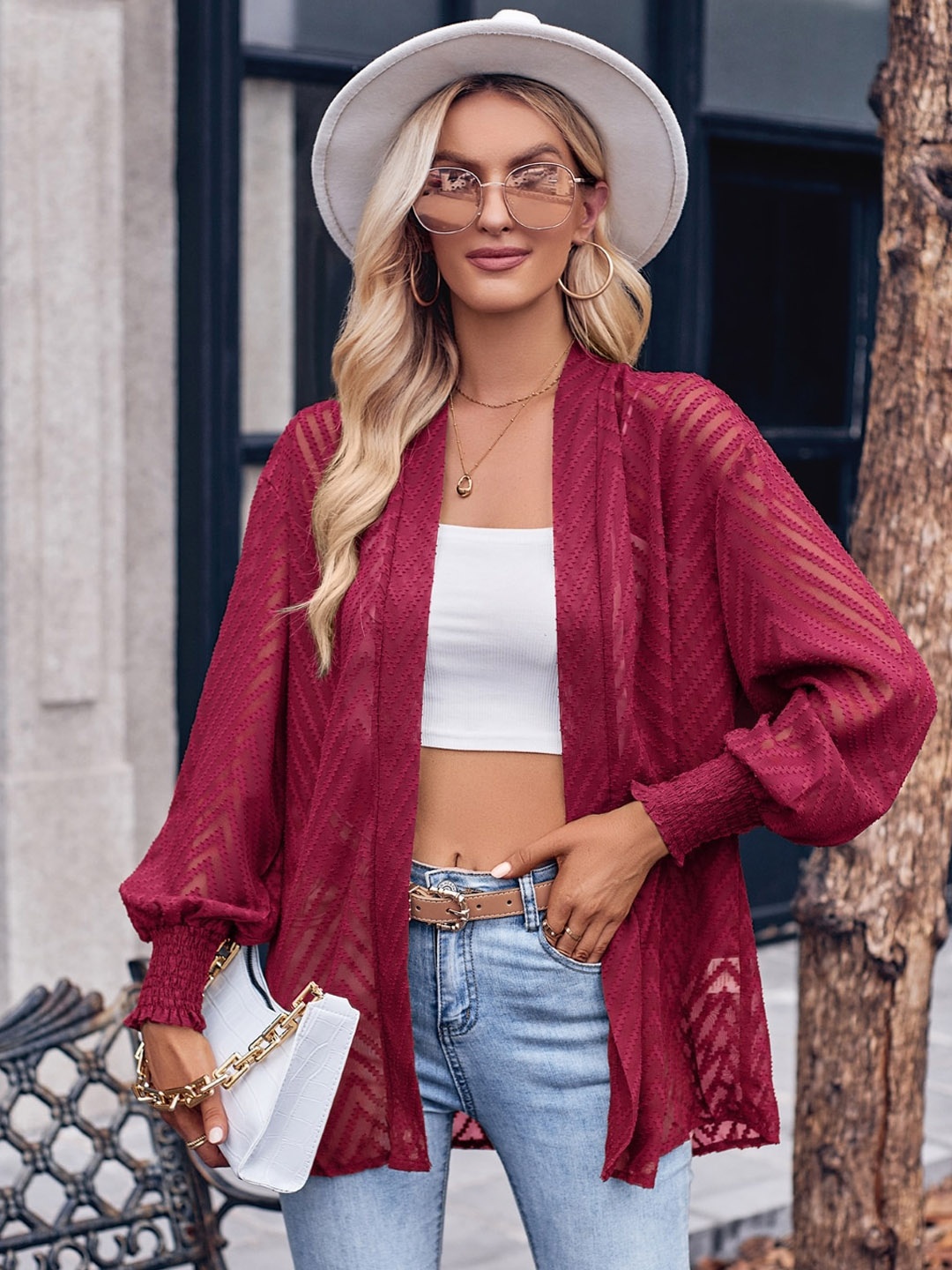 

StyleCast Maroon Self Designed Long Sleeves Open Front Jacket