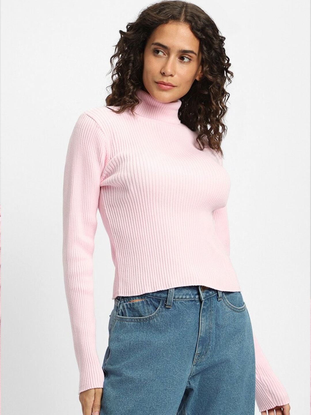 

FOREVER 21 Striped Turtle Neck Pure Cotton Pullover Sweater, Pink