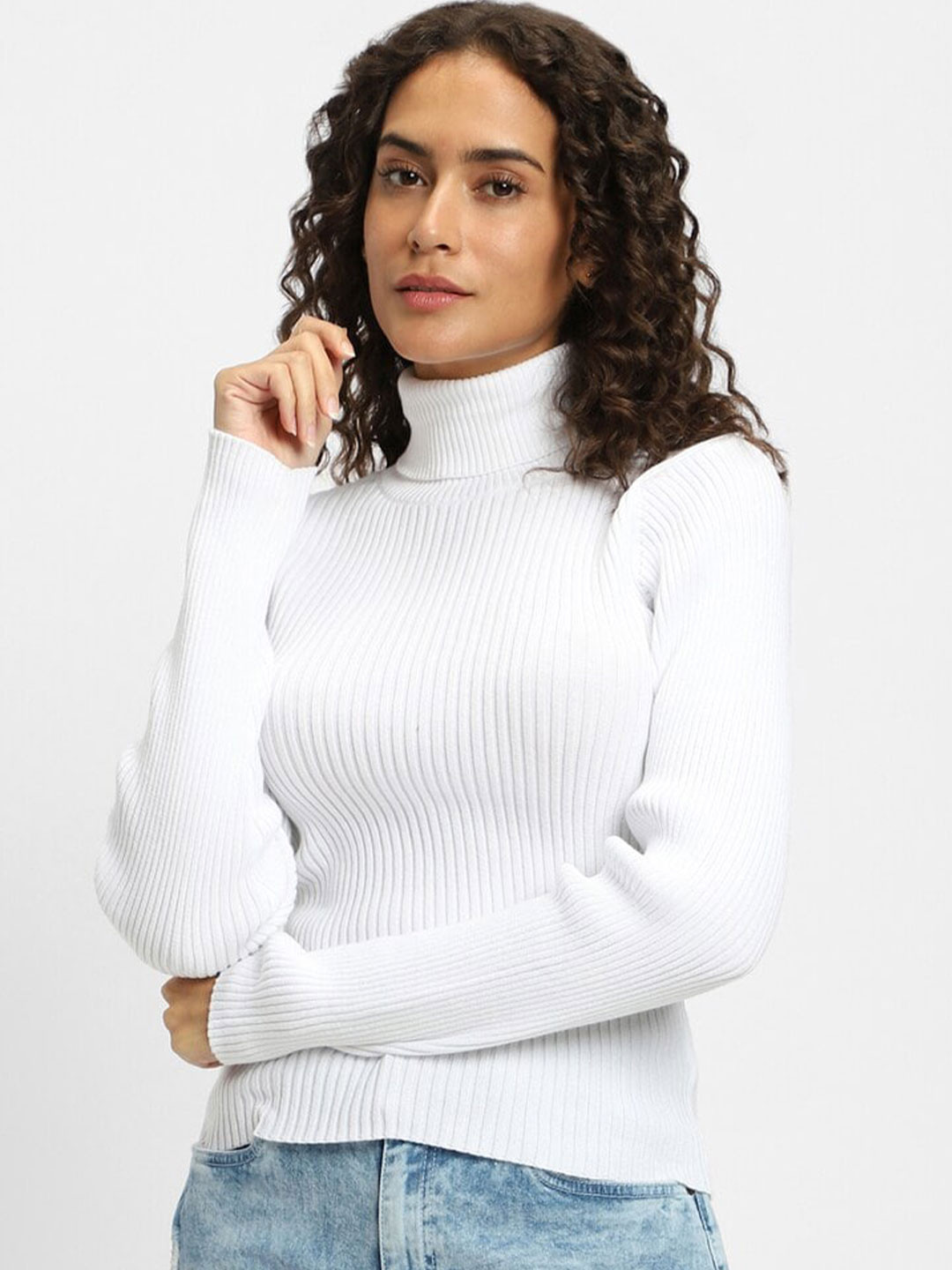 

FOREVER 21 Striped Turtle Neck Pure Cotton Pullover Sweater, White