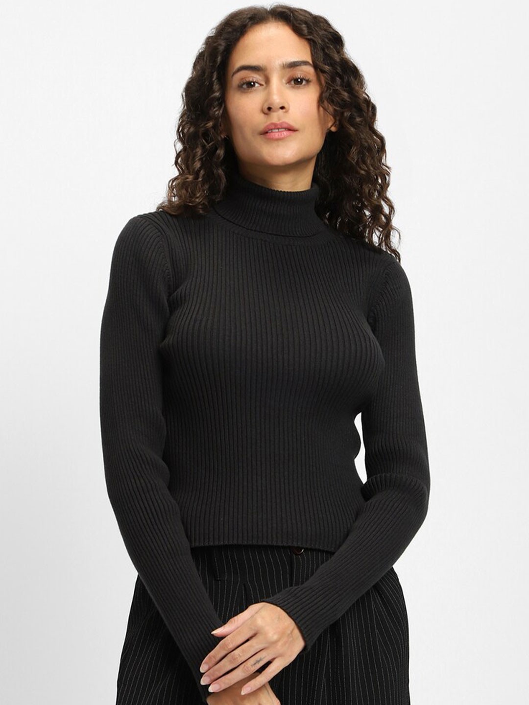 

FOREVER 21 Striped Turtle Neck Pure Cotton Pullover Sweater, Black