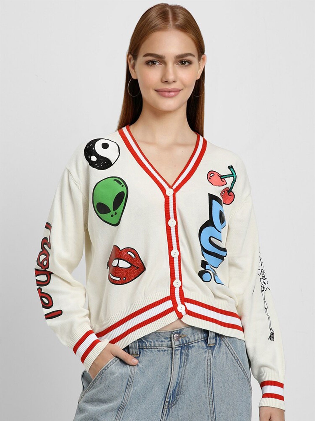 

FOREVER 21 Graphic Printed V-Neck Pure Cotton Pullover Sweater, White
