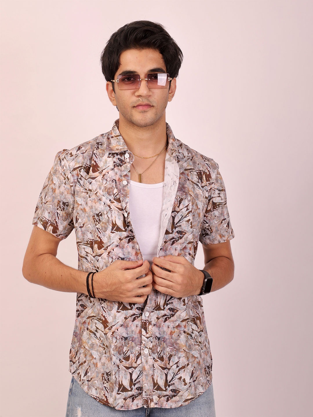 

DEZANO Classic Abstract Printed Casual Shirt, Camel brown