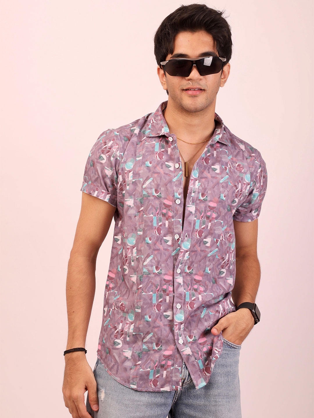 

DEZANO Classic Abstract Printed Casual Shirt, Violet