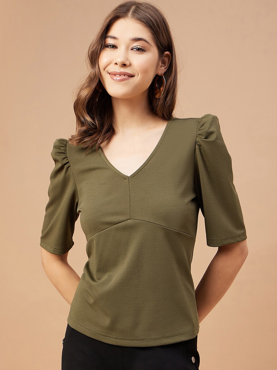 

Gipsy Puff Sleeves V-Neck Top, Olive