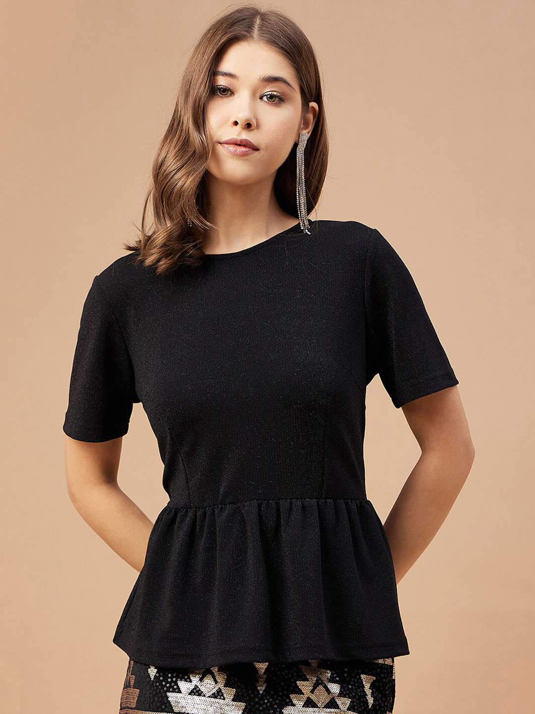 

Gipsy Boat Neck Sheen Peplum Top, Black