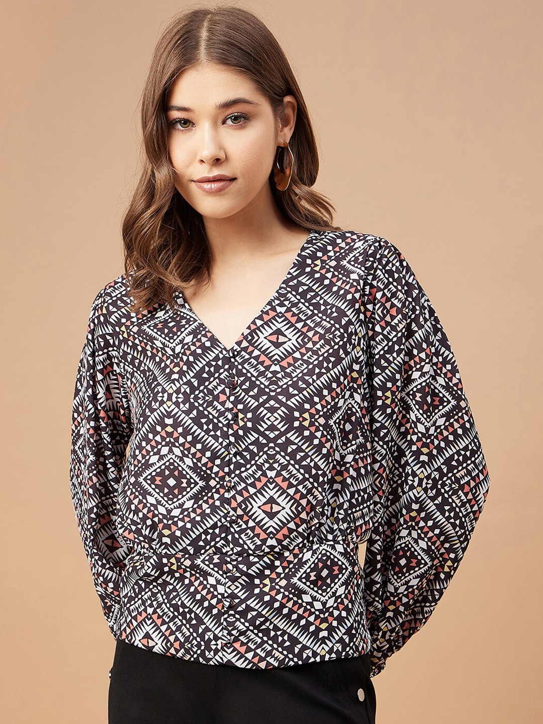 

Gipsy Geometric Printed Smocked V-Neck Georgette Blouson Top, Black