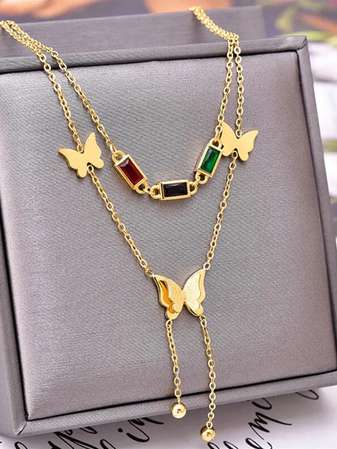 

VIEN Gold-Plated Stainless Steel Stones Studded Layered Necklace