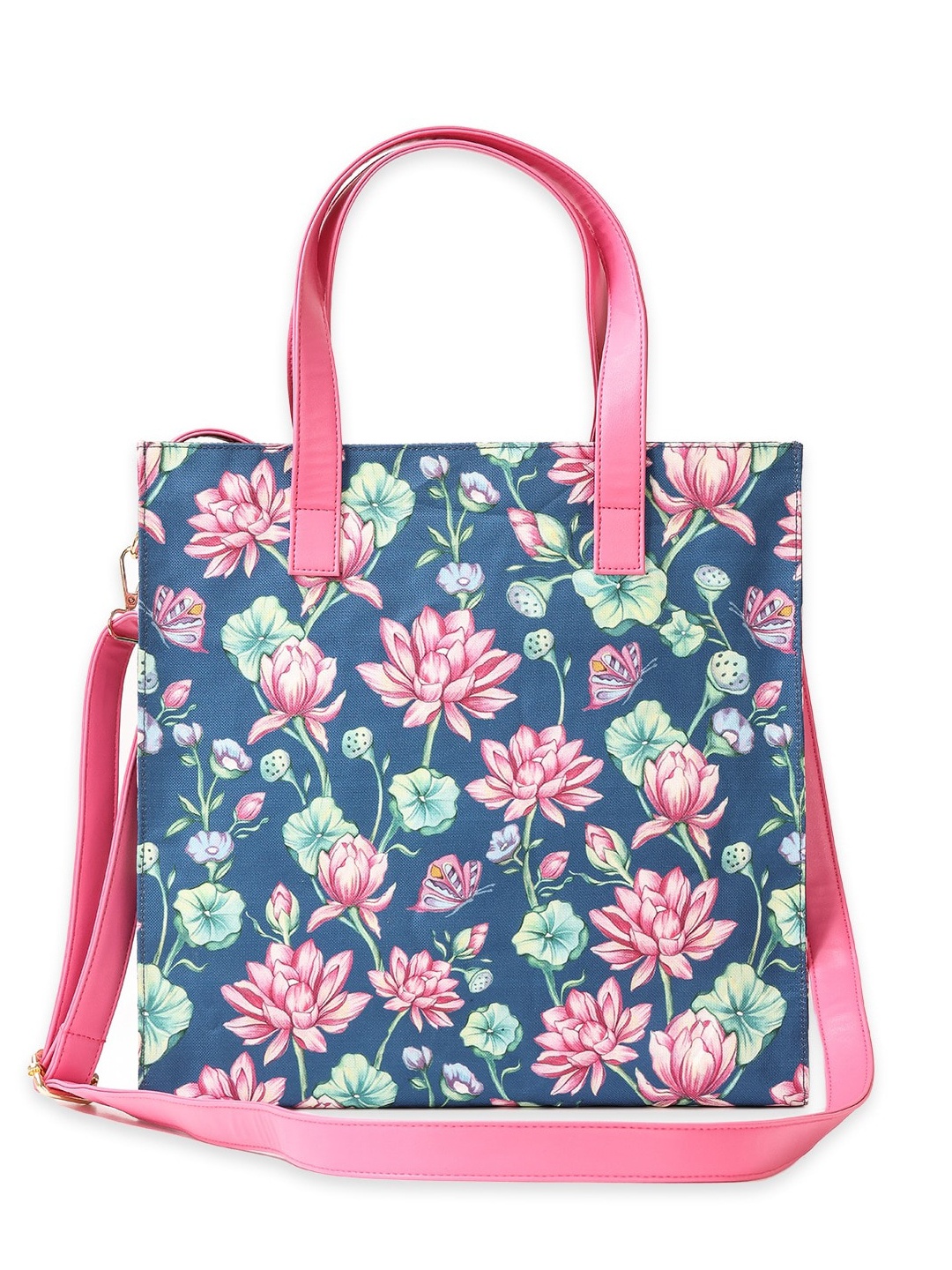 

happywagon Floral Printed Oversized Structured Tote Bag, Blue