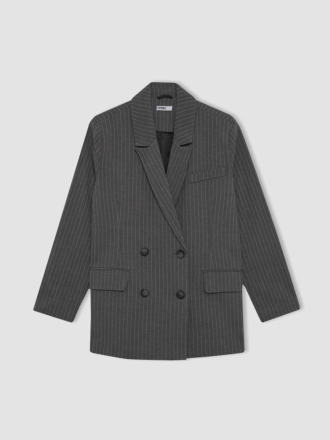 

DeFacto Striped Notched Lapel Collar Double-Breasted Blazers, Grey