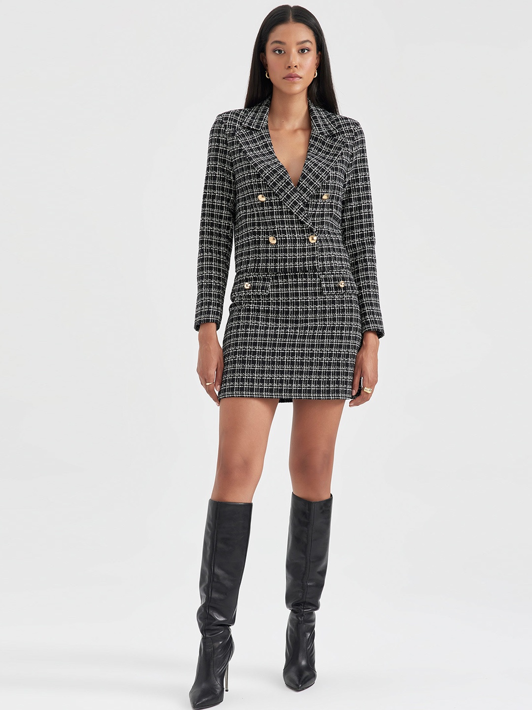 

DeFacto Checked Double Breasted Blazer, Black
