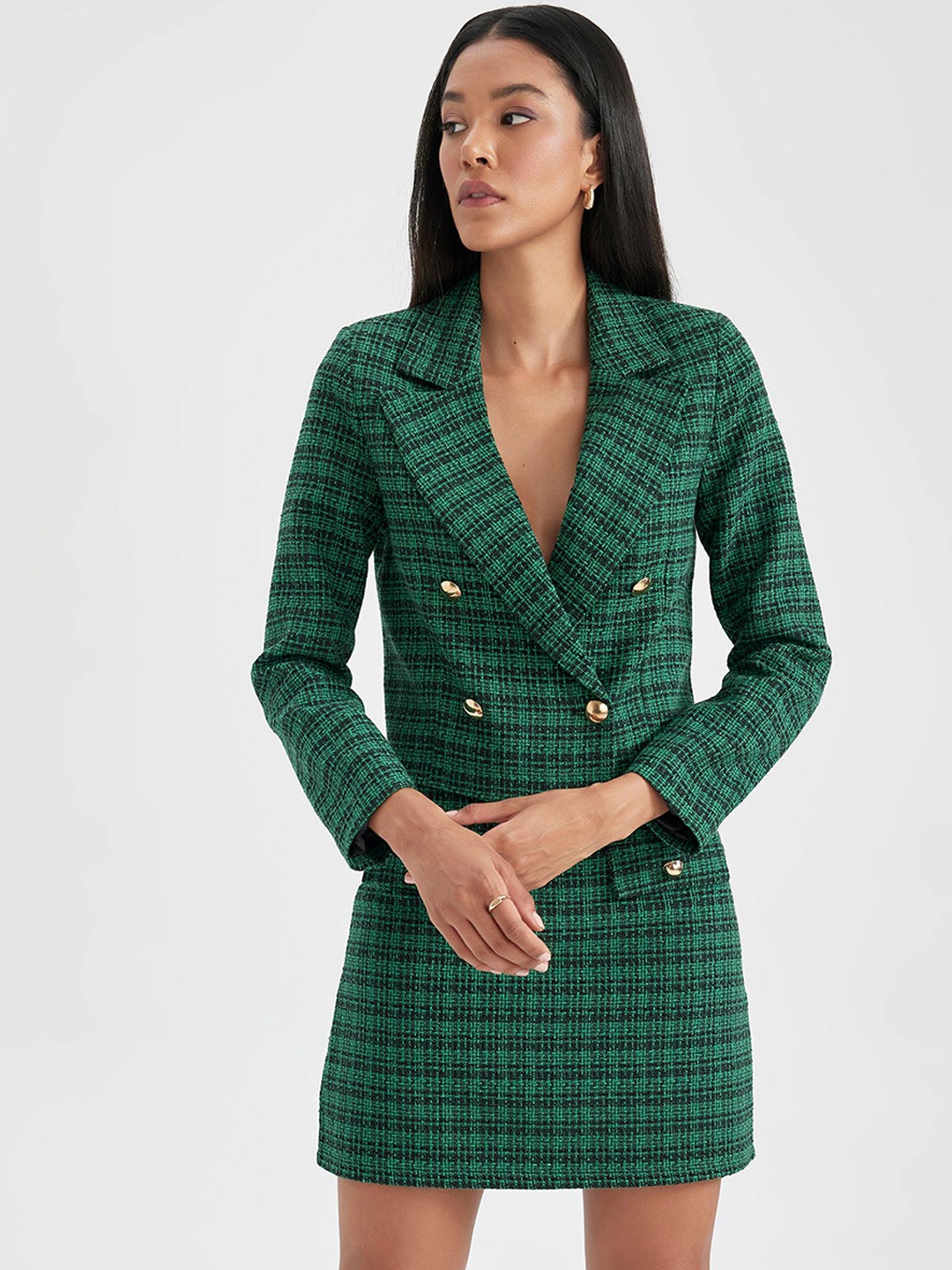 

DeFacto Checked Notched Lapel Collar Double-Breasted Blazers, Green