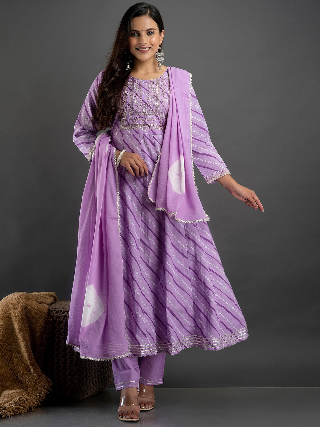 

Kesarya Leheriya Printed Gotta Patti Pure Cotton Anarkali Kurta with Trousers & Dupatta, Purple