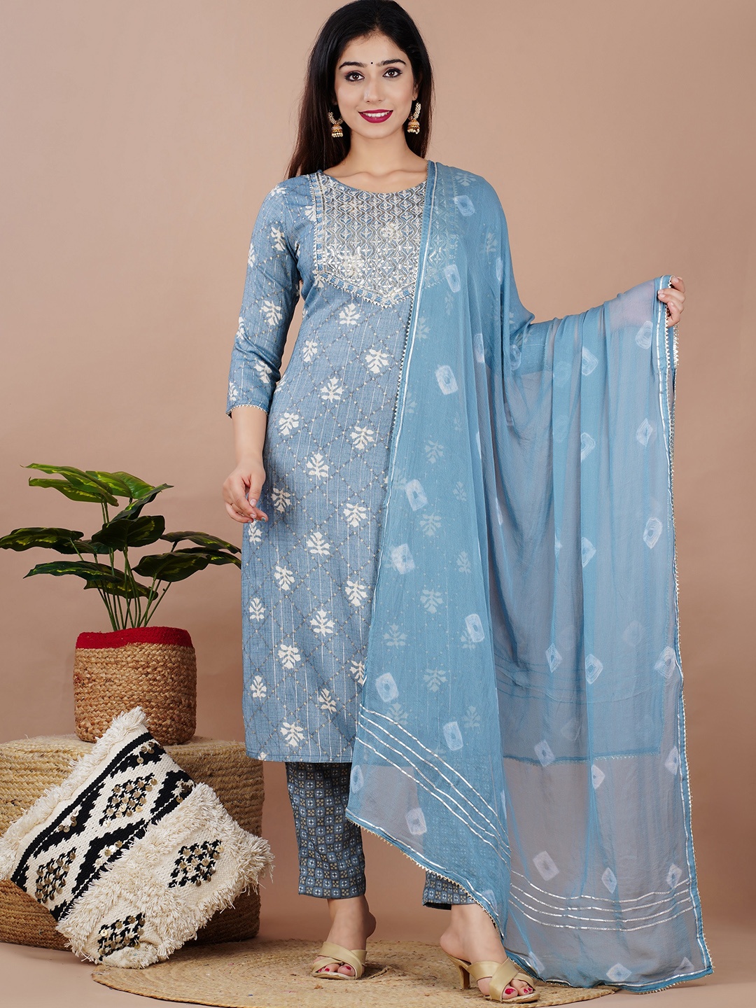 

Kesarya Ethnic Motifs Printed Thread Work Straight Kurta With Trousers & Dupatta, Blue
