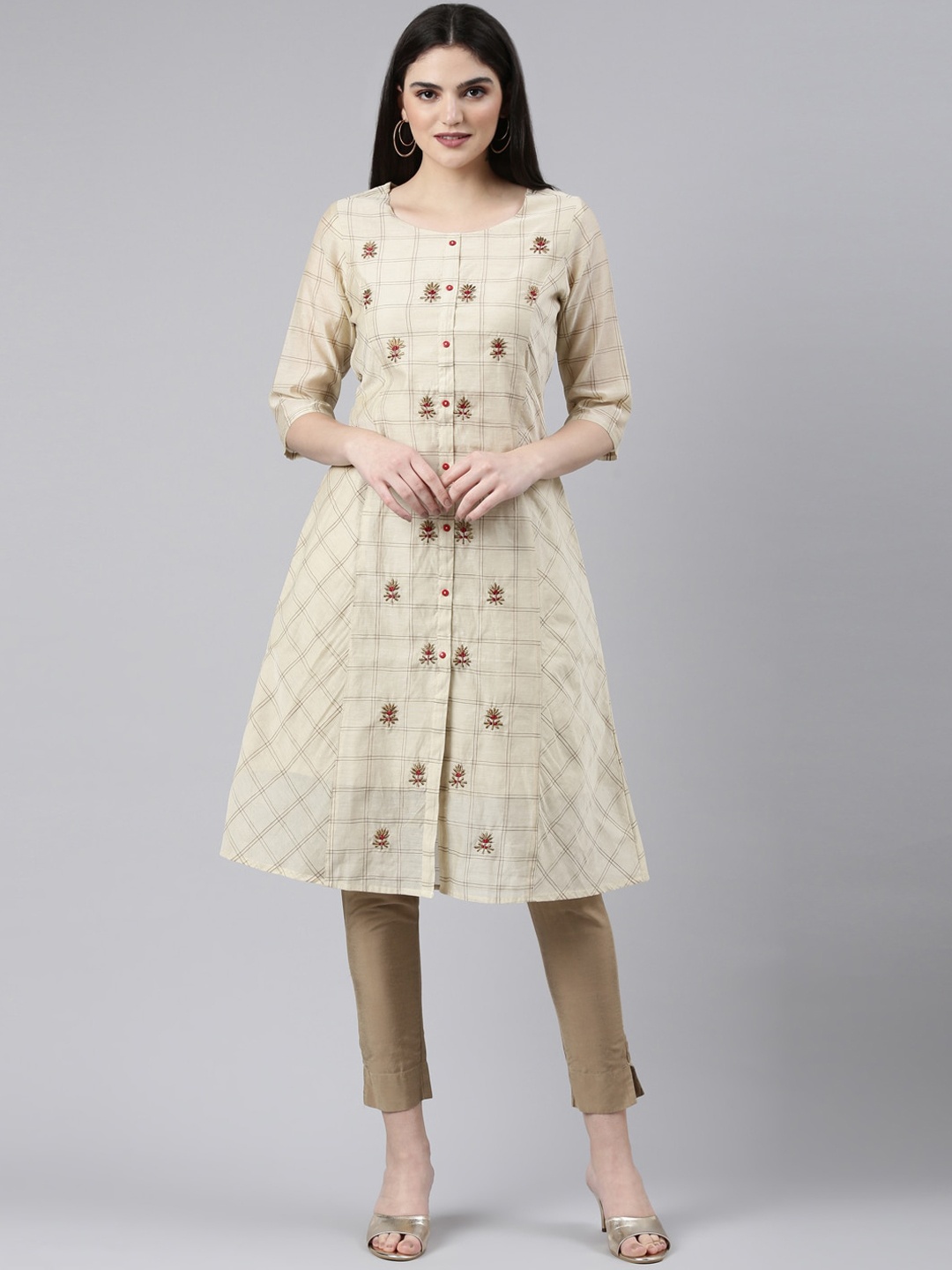 

GOLDSTROMS Floral Embroidered Round Neck Cotton A-Line Kurta, Cream