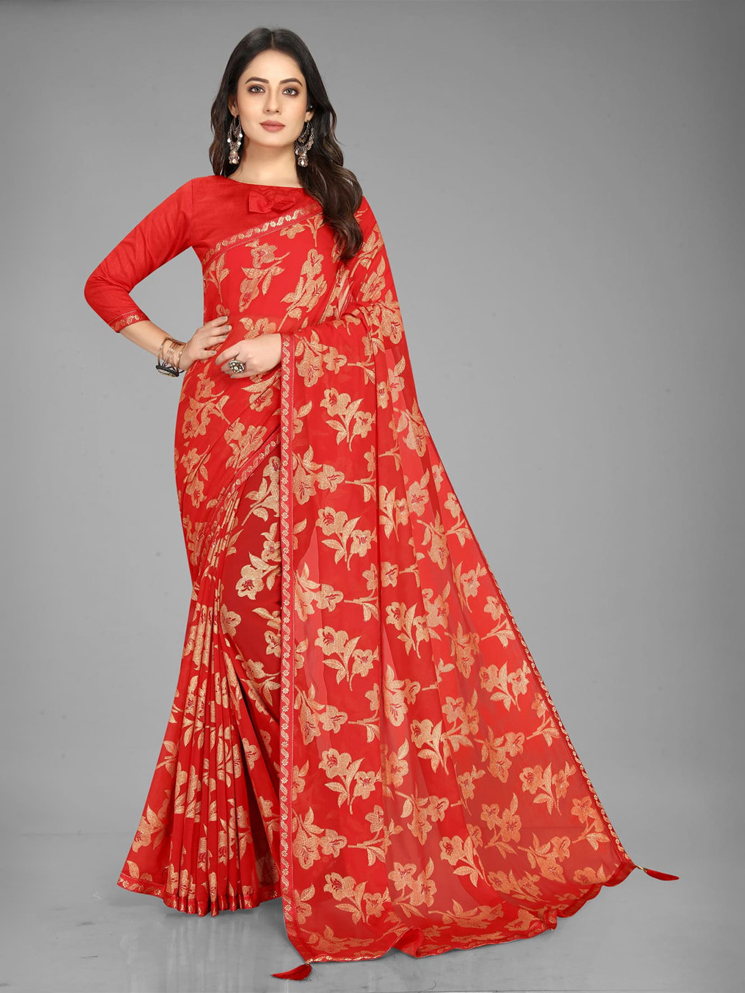

Mitera Floral Printed Saree, Red