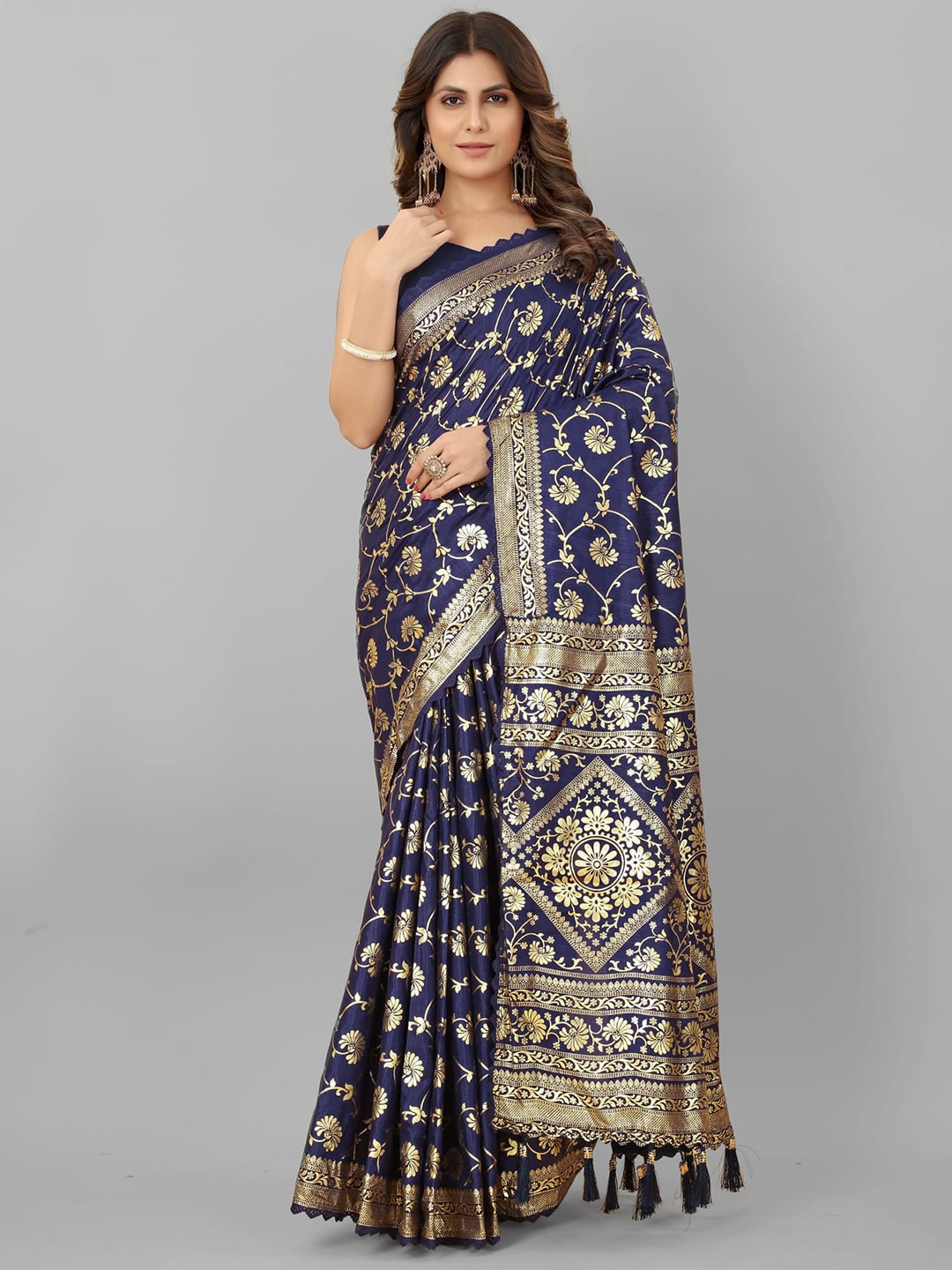 

Mitera Blue & Gold-Toned Floral Woven Design Zari Silk Blend Saree