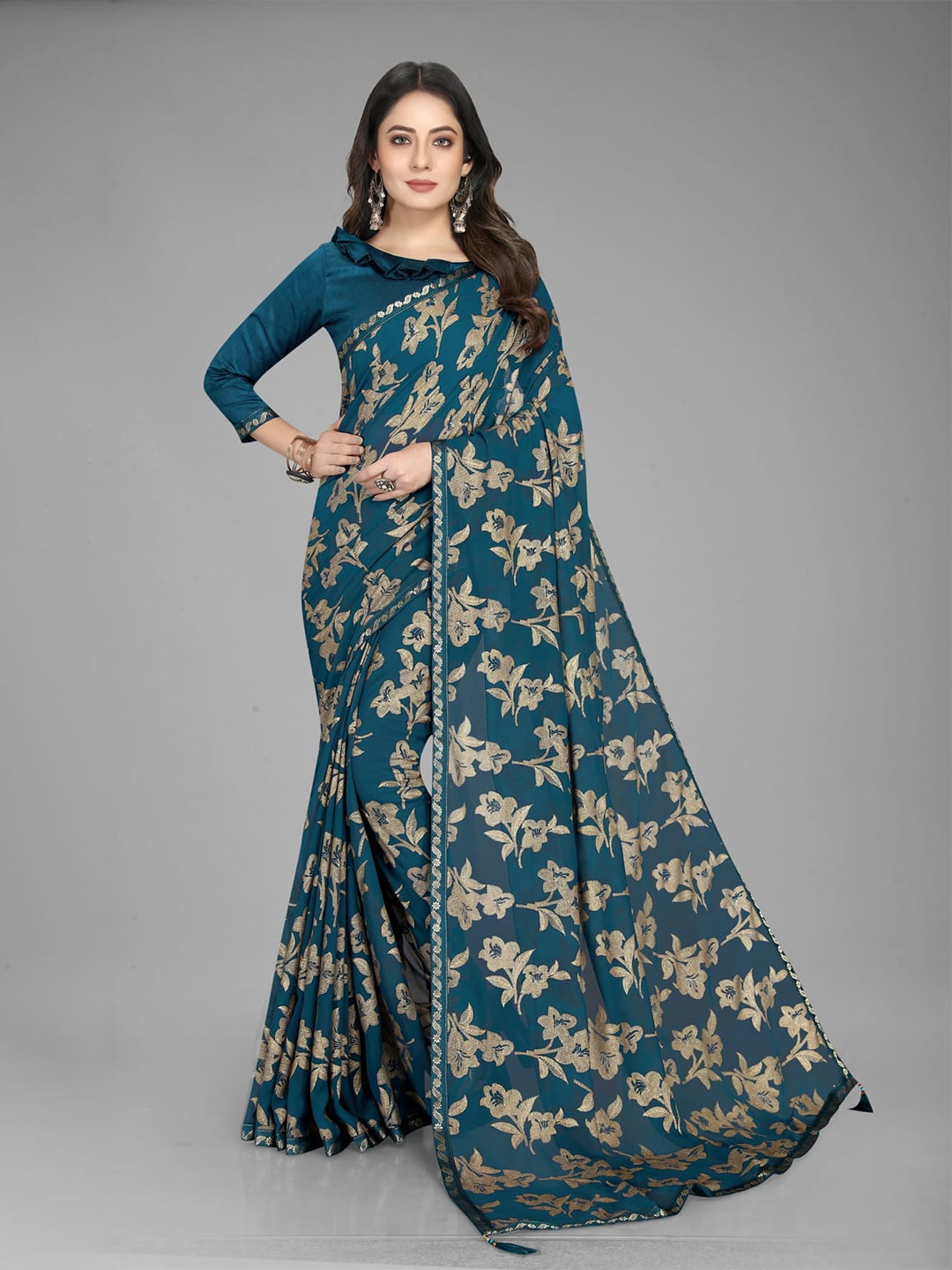 

Mitera Sea Green & Gold-Toned Floral Printed Silk Blend Saree