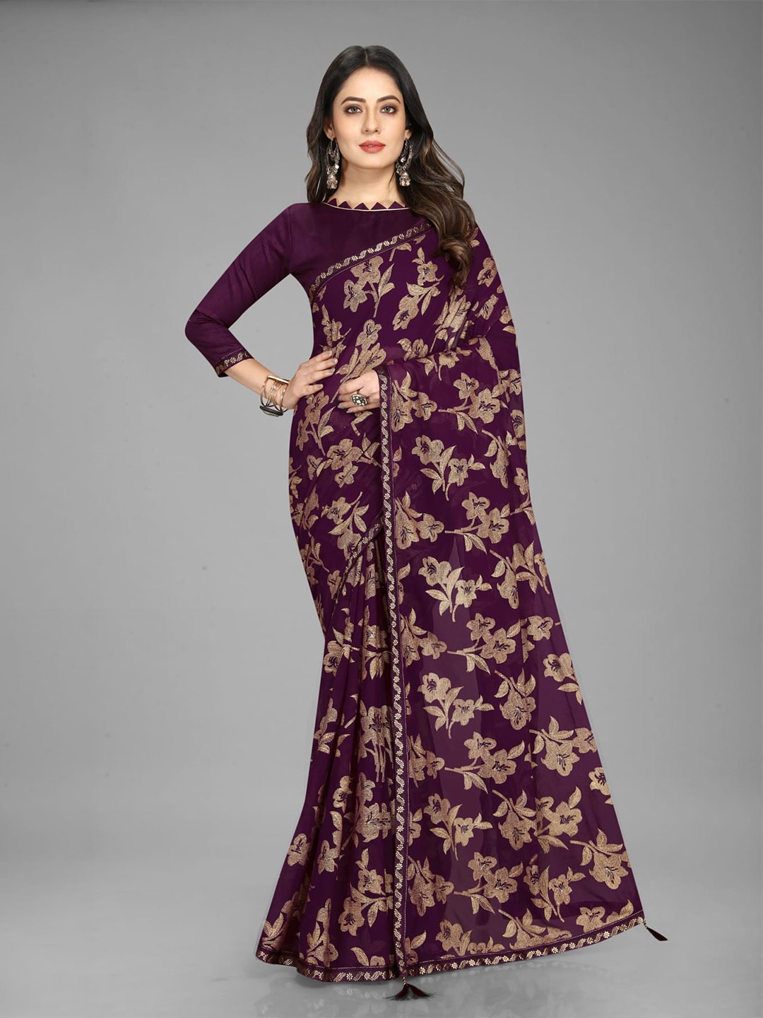 

Mitera Floral Printed Saree, Purple