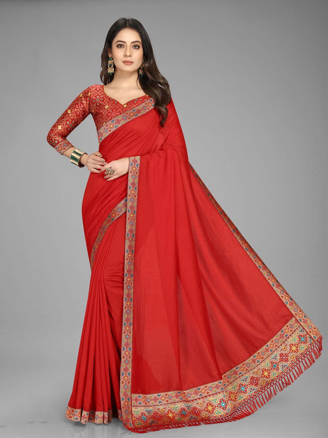 

Mitera Red & Blue Woven Design Jacquard Border Zari Saree