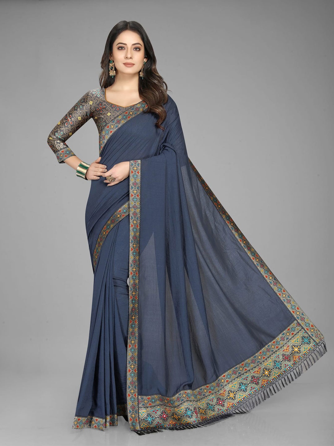 

Mitera Ethnic Motifs Border Saree, Blue