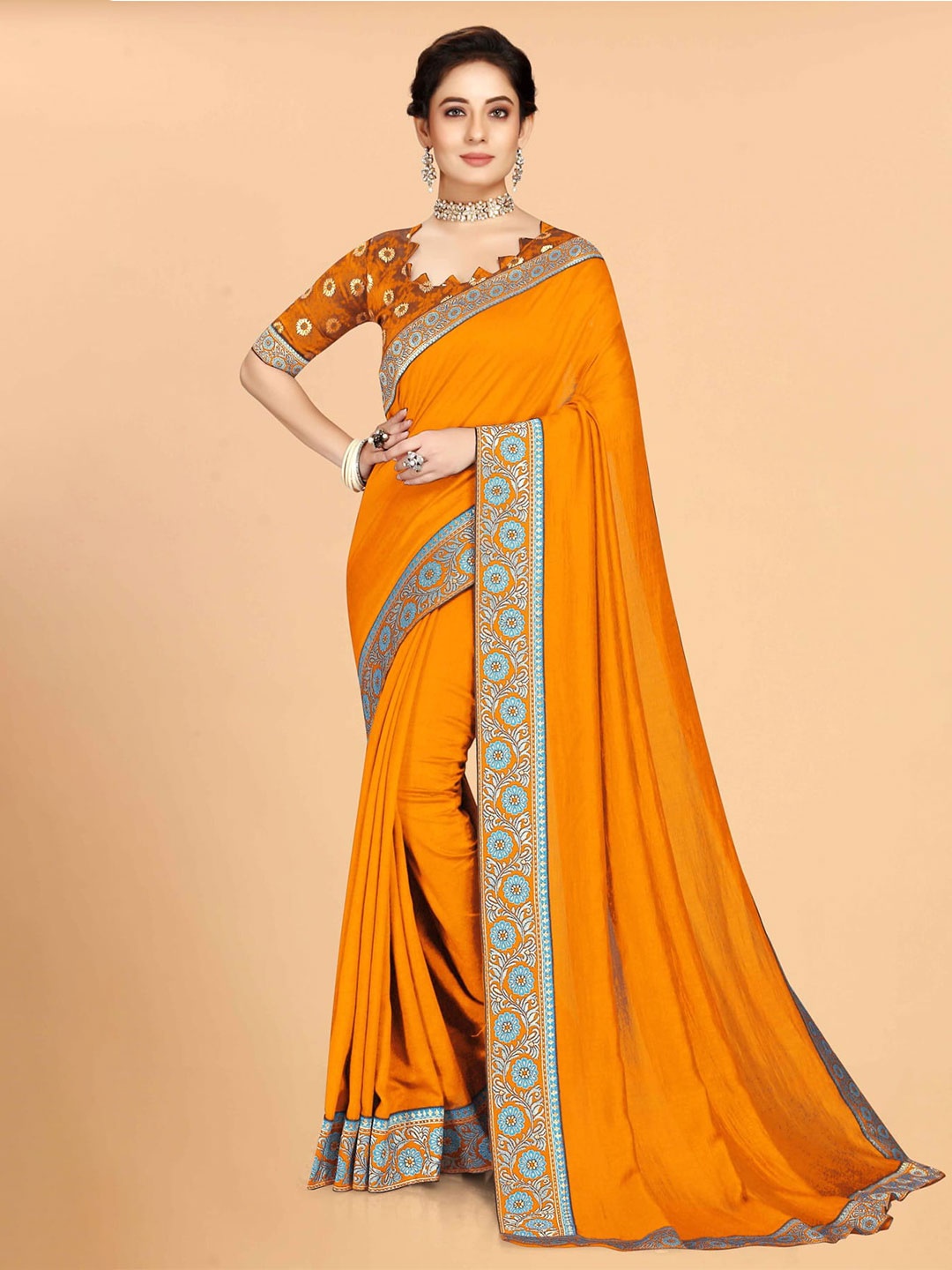 

Mitera Yellow & Blue Silk Blend Saree