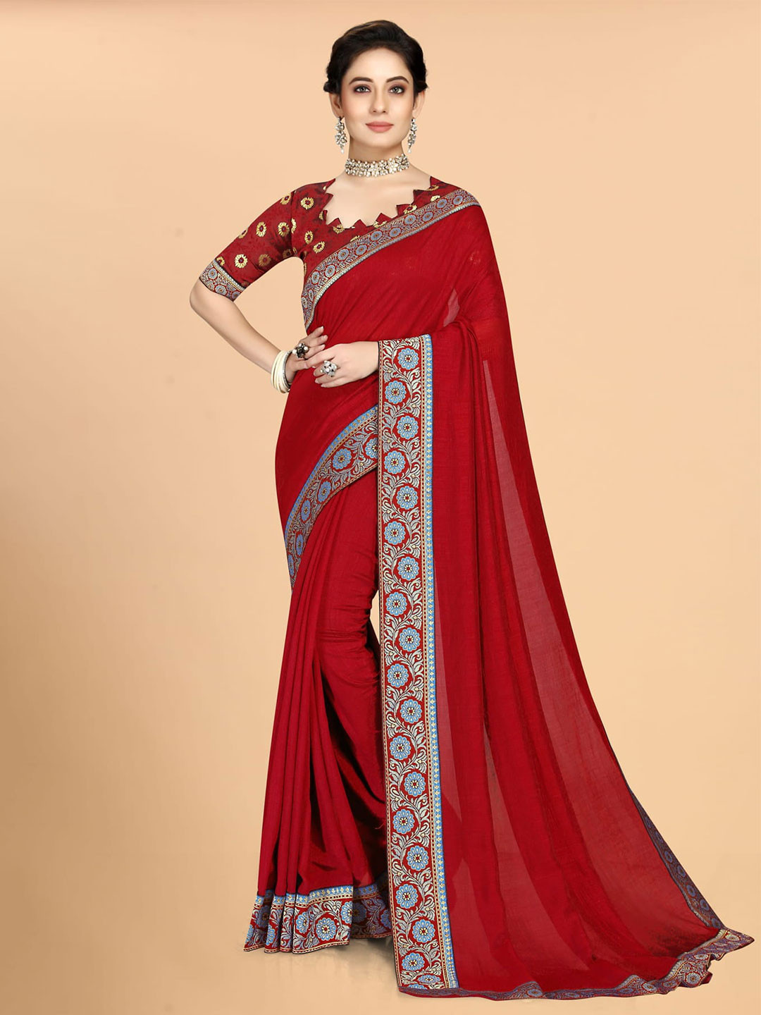 

Mitera Red & Blue Zari Silk Blend Saree