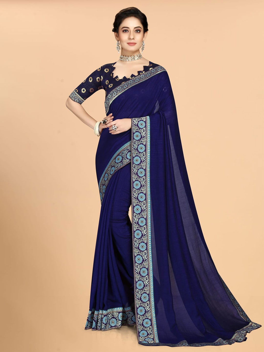 

Mitera Blue & Silver-Toned Zari Silk Blend Saree