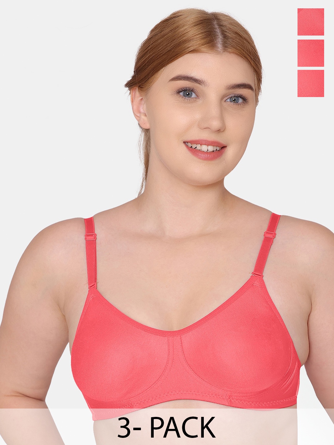 

KOMLI Pack Of 3 Seamless Full Coverage Pure Cotton T-shirt Bra With All Day Comfort, Coral