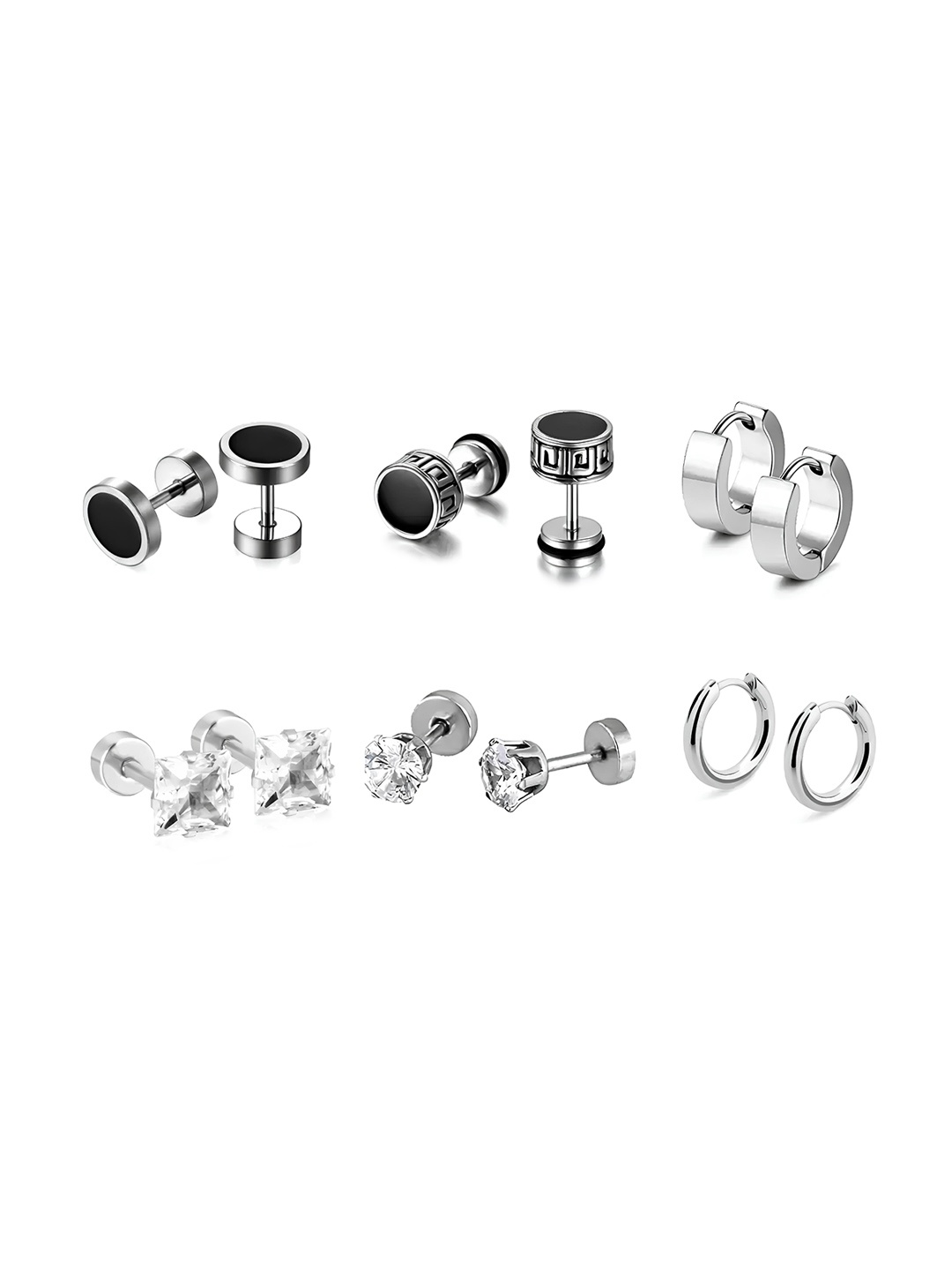 

KARISHMA KREATIONS Unisex Set Of 6 Stainless Steel Circular Shaped Studs & Hoop Earrings, Silver