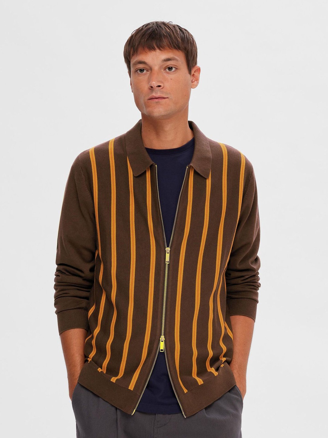 

SELECTED Striped Zip Detail Cardigan, Brown