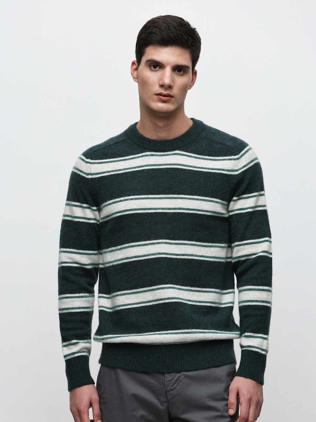 

SELECTED Striped Round Neck Pullover, Green