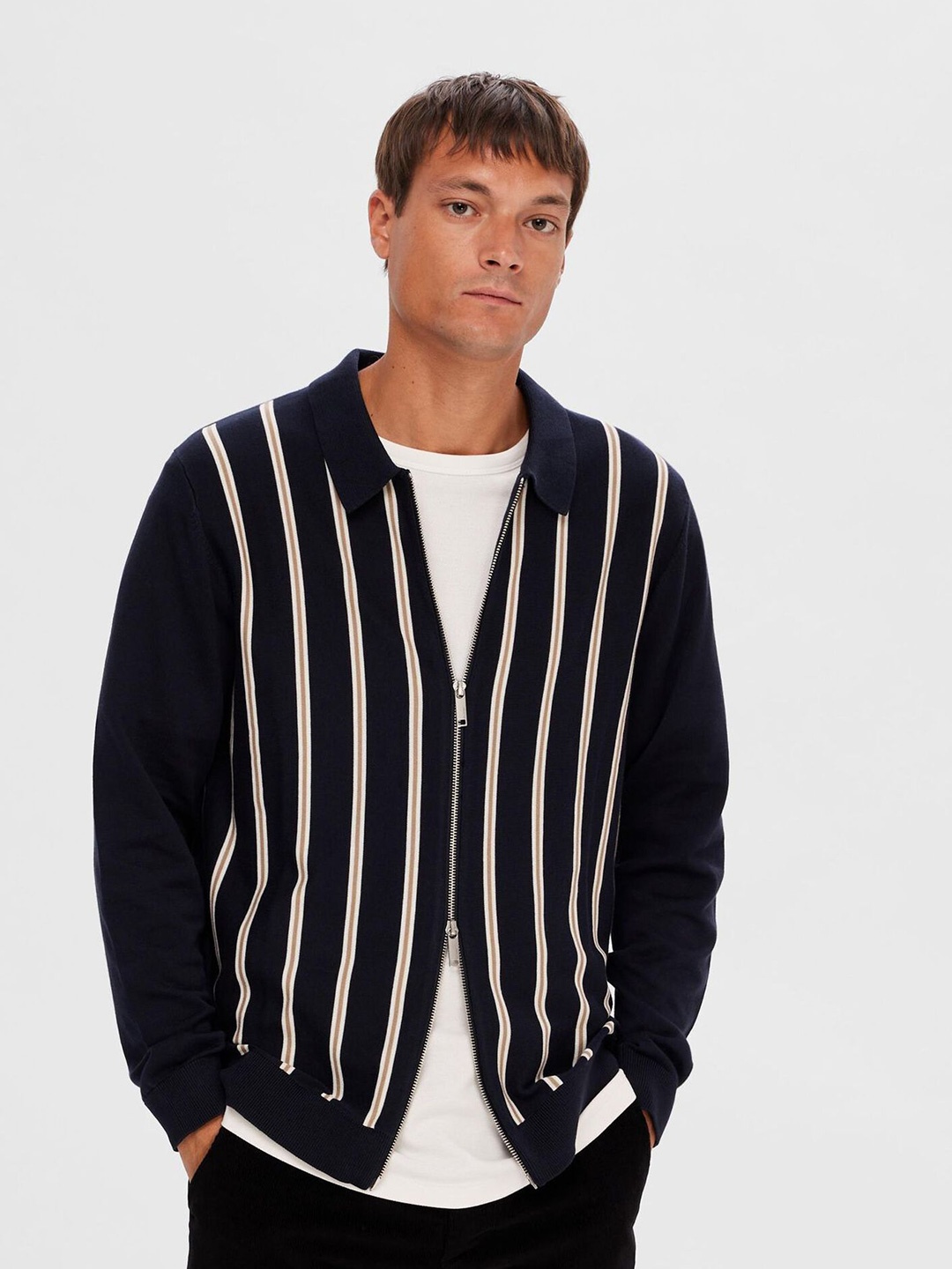 

SELECTED Striped Zip Detail Cardigan, Navy blue