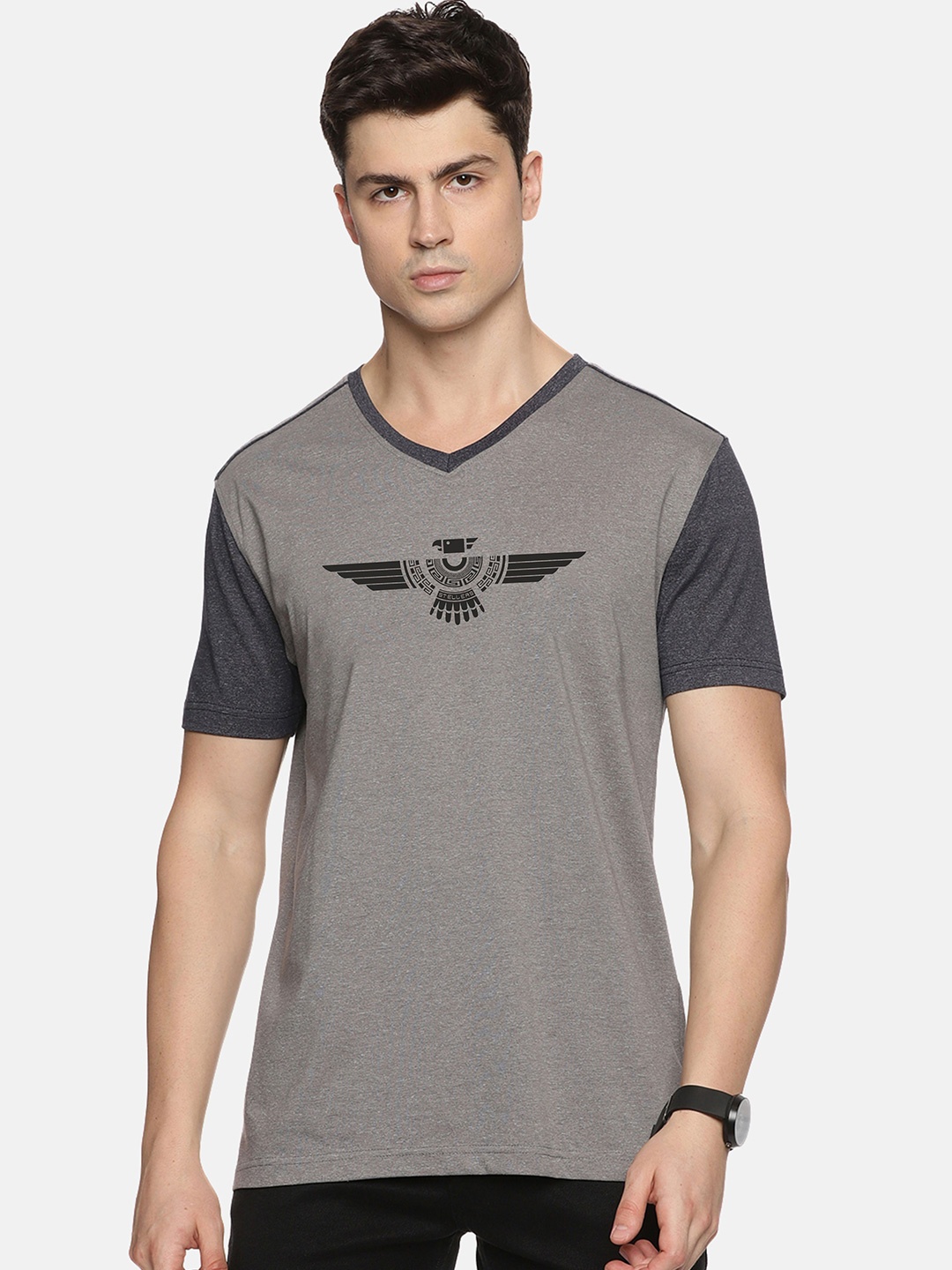 

STELLERS Graphic Printed V-Neck Short Sleeves T-shirt, Grey