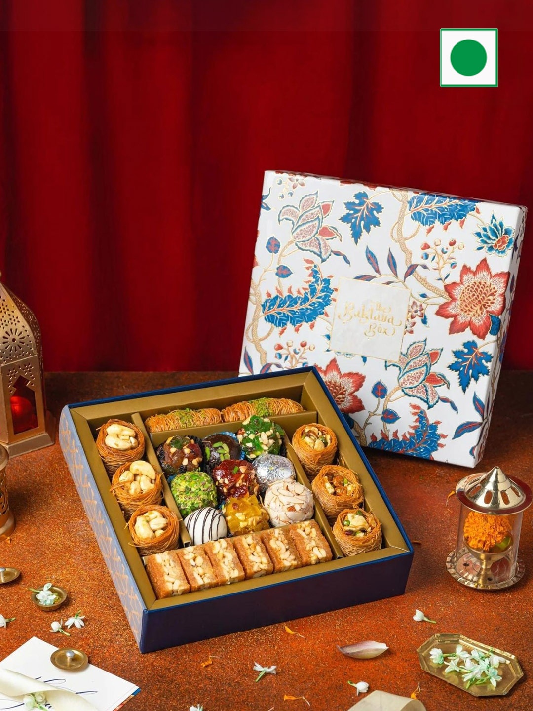 

The Baklava Box Regalia Kunafa With Indian Fusion Sweets-580gm, Blue