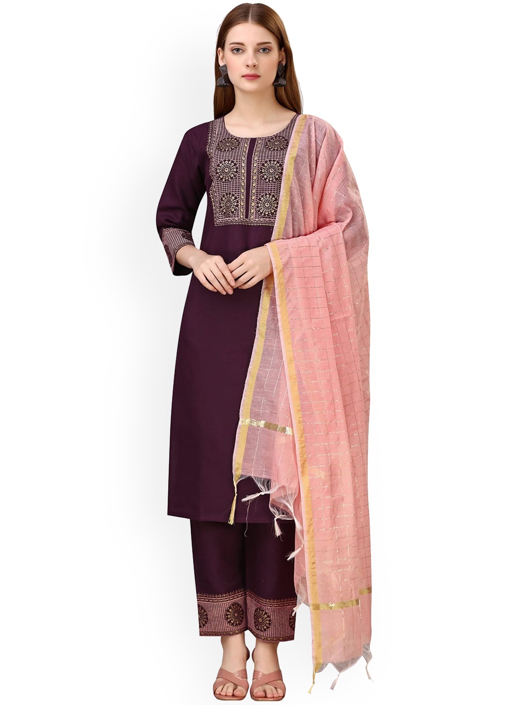 

Mitera Ethnic Motifs Embroidered Regular Kurta with Trousers & With Dupatta, Purple