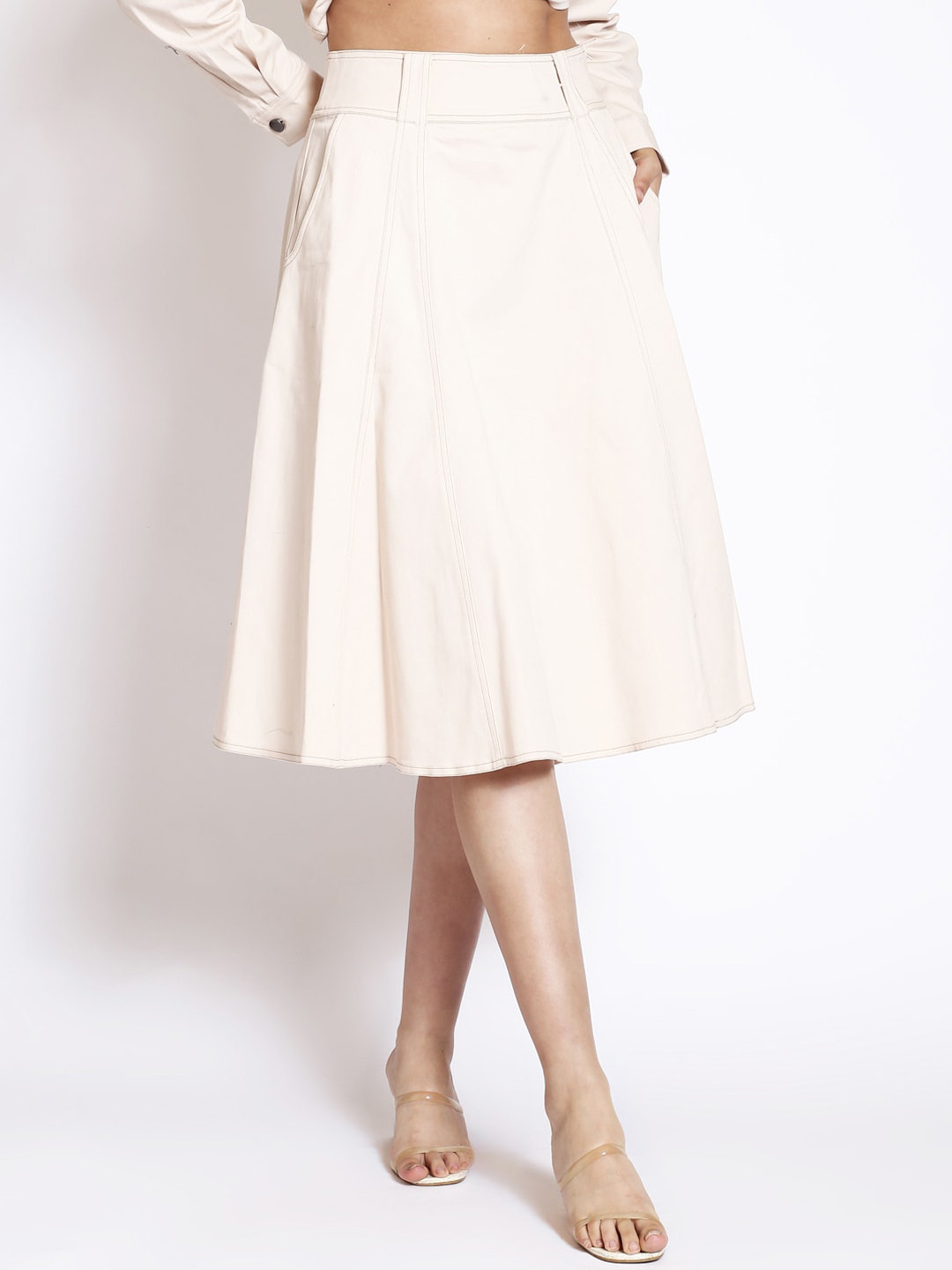 

250 DESIGNS Flared Denim Midi Skirts, Beige