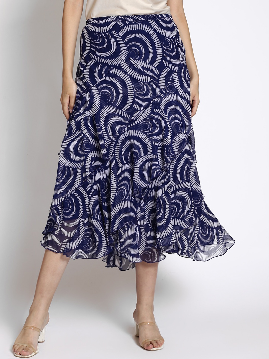 

250 DESIGNS Geometric Printed Flared Midi Skirts, Blue