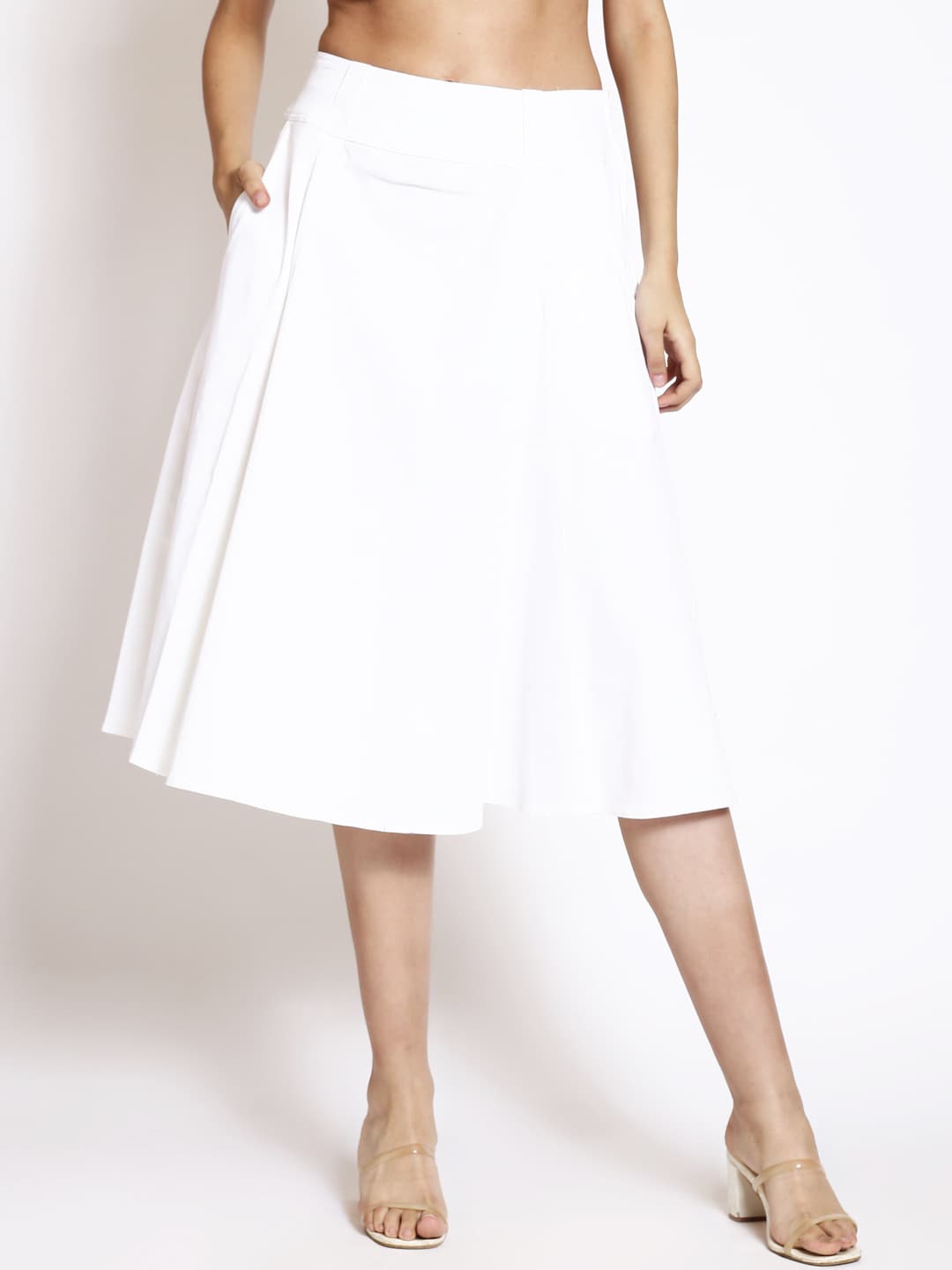 

250 DESIGNS Flared Denim Midi Skirts, White