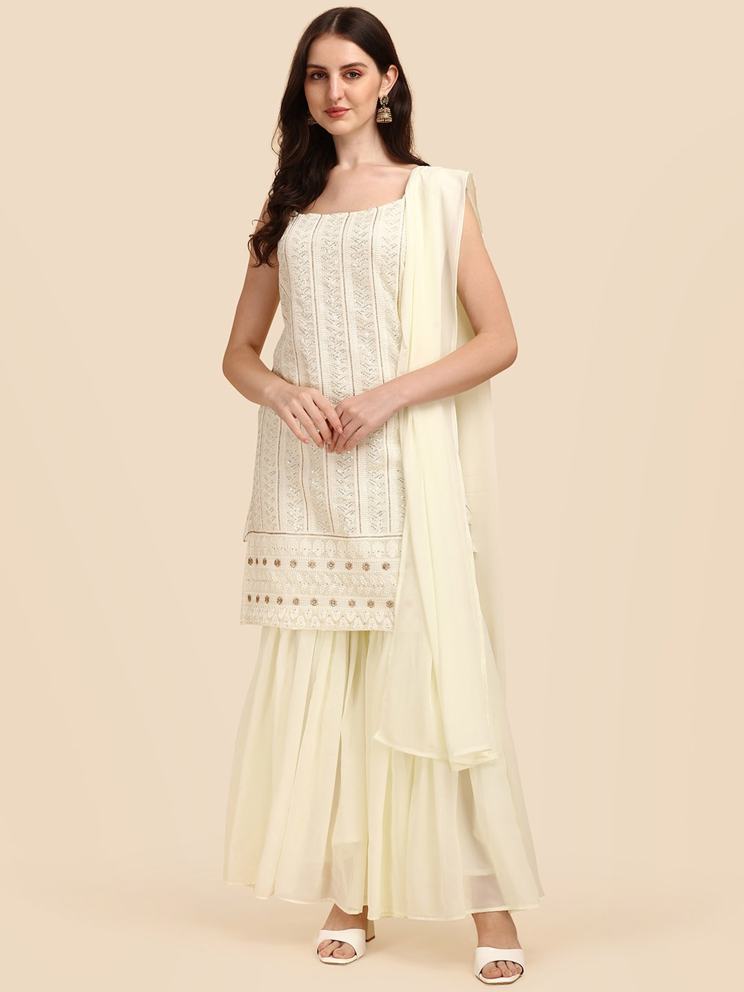 

KALINI Ethnic Motifs Embroidered Regular Thread Work Kurta with Sharara & With Dupatta, Off white