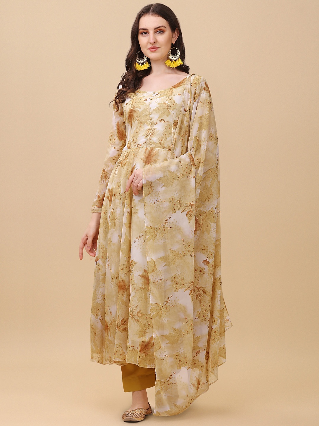 

KALINI Floral Printed Regular Kurta with Trousers & With Dupatta, Mustard