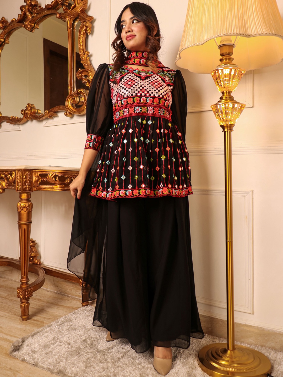 

KALINI Floral Embroidered Empire Thread Work Kurti With Palazzos & Dupatta, Black