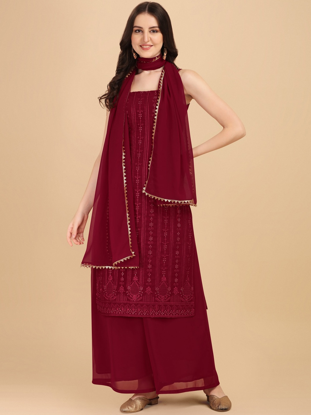 

KALINI Floral Embroidered Regular Sequinned Kurta with Palazzos & With Dupatta, Maroon