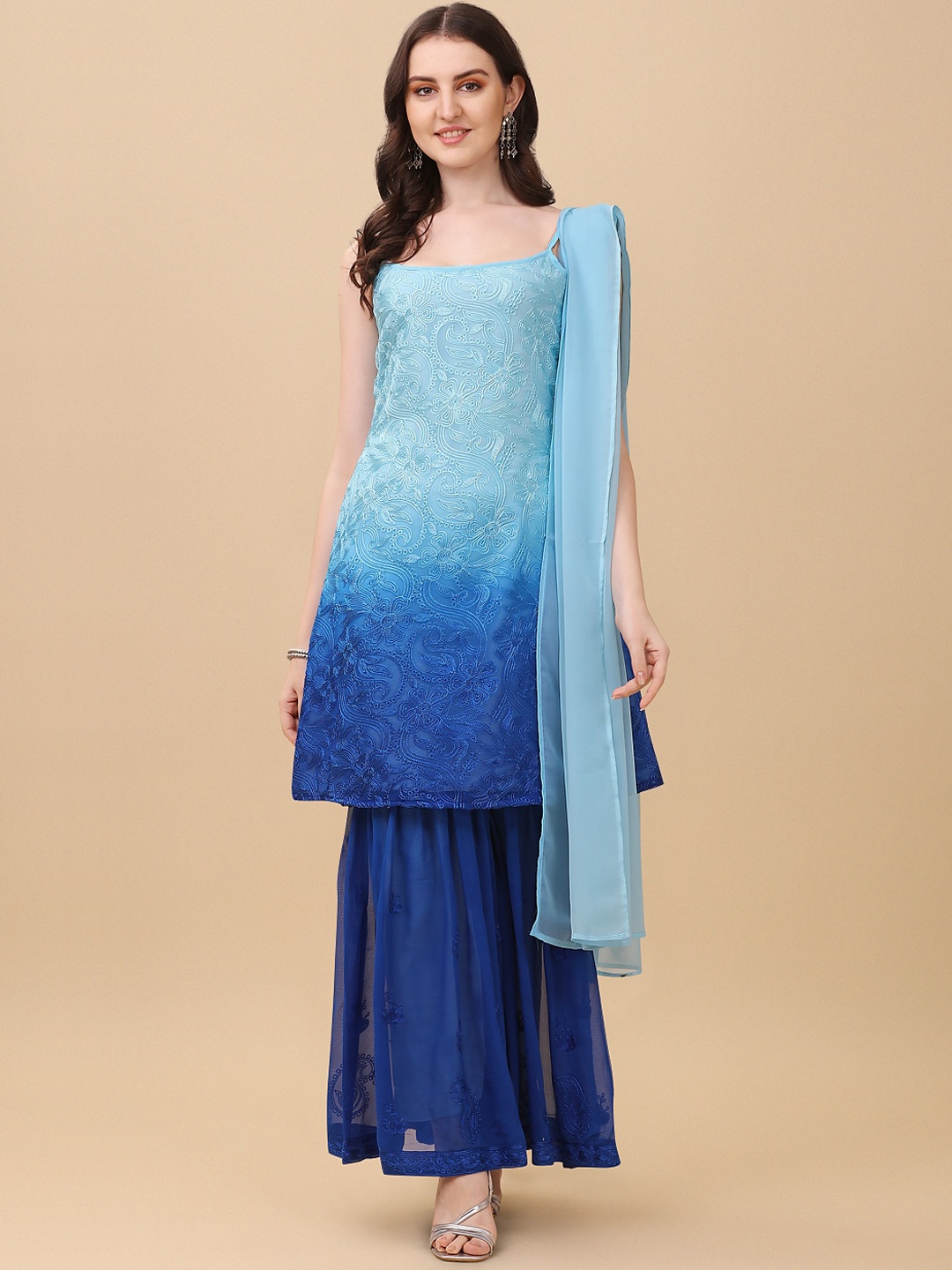 

KALINI Floral Embroidered Regular Thread Work Kurti with Sharara & With Dupatta, Blue