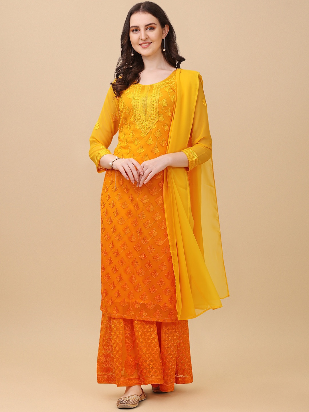 

KALINI Floral Embroidered Regular Thread Work Kurta with Sharara & With Dupatta, Yellow