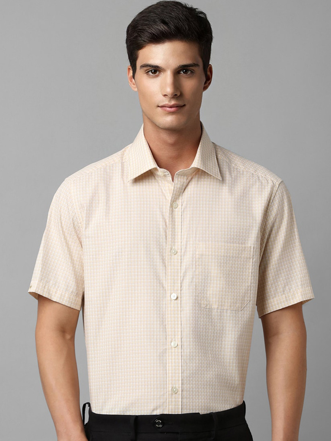 

Louis Philippe Micro Checked Spread Collar Regular Fit Opaque Cotton Formal Shirt, Beige