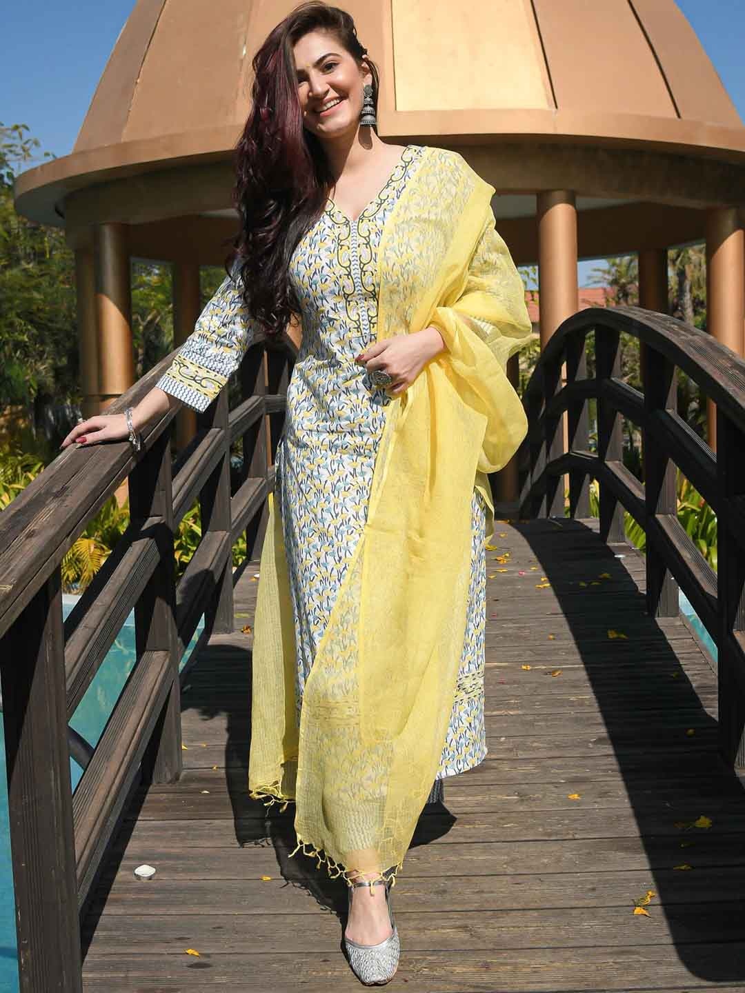 

Mitera Floral Printed Regular Kurta with Trousers & With Dupatta, White