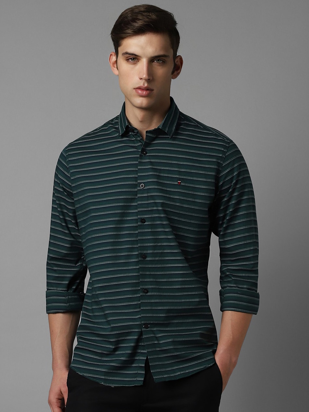 

Louis Philippe Sport Horizontal Stripes Slim Fit Opaque Pure Cotton Casual Shirt, Green