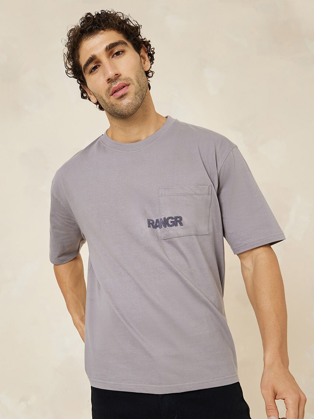 Styli Grey Typography Printed Round Neck Cotton Oversized T-shirt